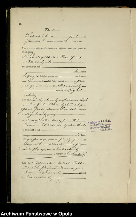 Obraz z jednostki "Heiraths-Haupt-Register Standesamts Leobschütz pro 1904"