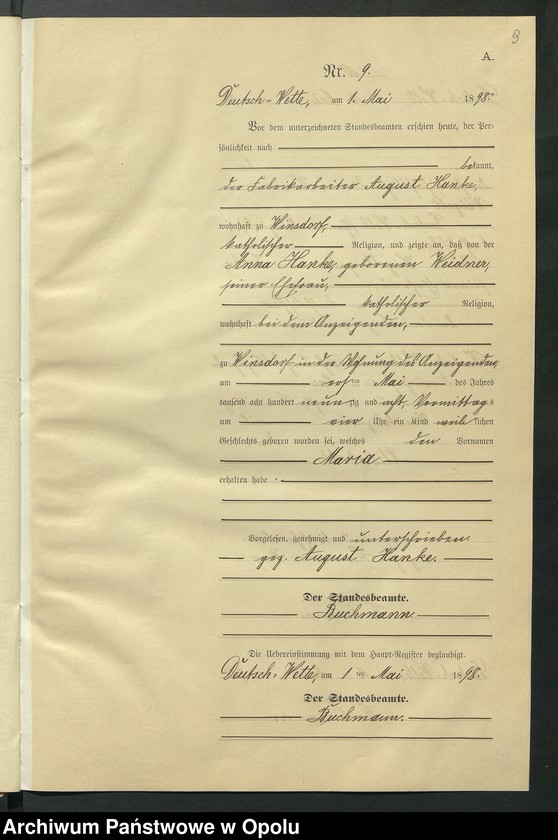 Obraz 13 z jednostki "Geburts-Neben-Register des Standesamts Deutsch Wette pro 1898"