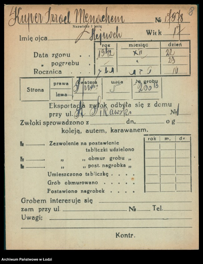 Obraz 9 z jednostki "Kartoteka osób pochowanych na cmentarzu żydowskim przy ulicy Brackiej w latach 1892-1956. Nazwiska na litery: Kup-Kz"