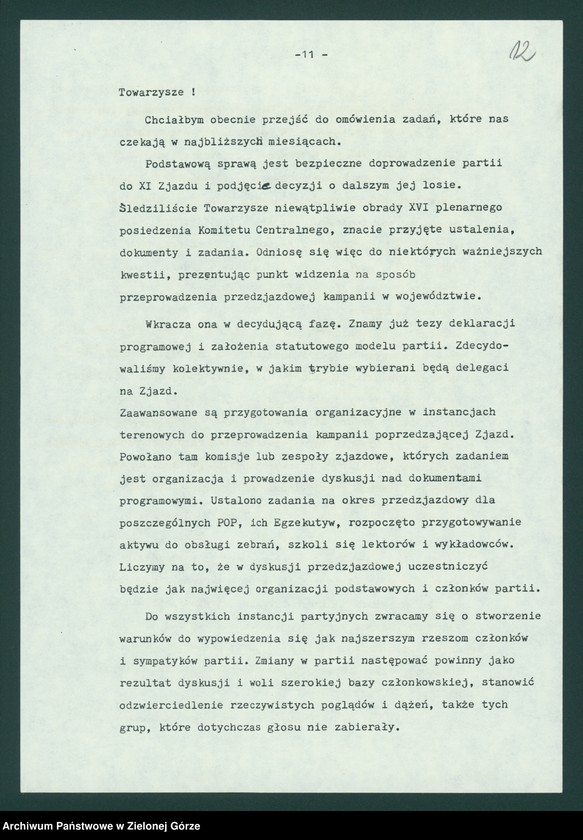 image.from.unit.number "Protokół z XI plenarnego posiedzenia KW nt. Zadania wojewódzkiej organizacji partyjnej przed XI Zjazdem PZPR. Załączniki. 10 listopada 1989"
