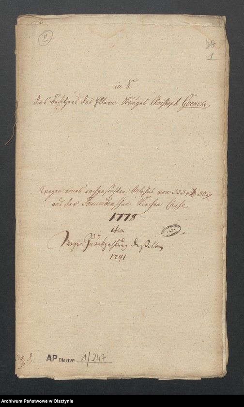 image.from.unit.number "In S. [Sachen] des Besitzers des Ellern=Kruges Christoph Goercke wegen eines nachgesuchten Anlehns von 333 rthl. [Reichsthaler] 30 gr. [Groschen] aus der Powundenschen Kirchen Caße 1778 item wegen Zurückzahlung deßelben"
