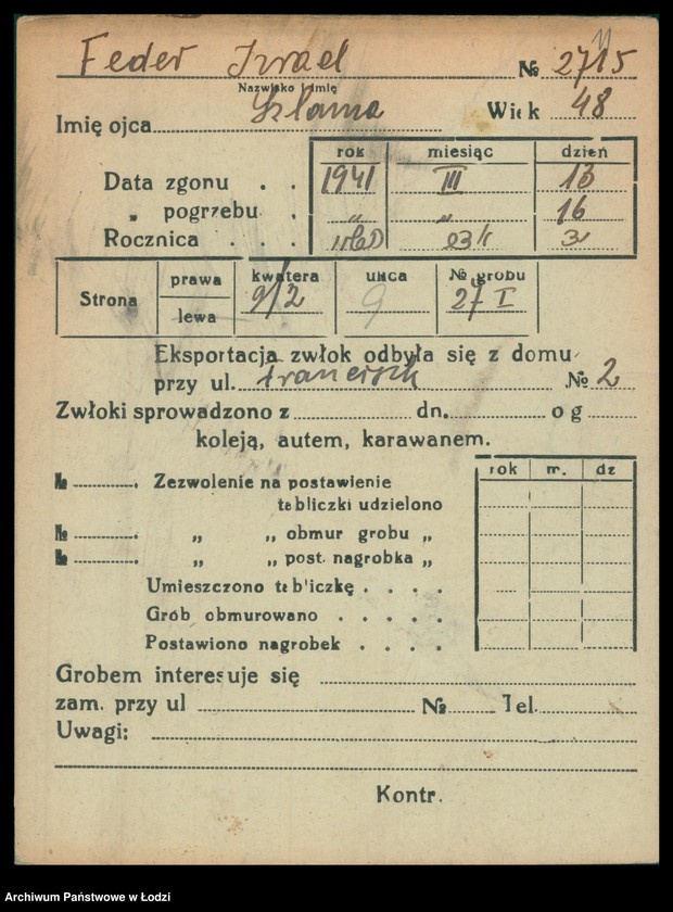 Obraz 12 z jednostki "Kartoteka osób pochowanych na cmentarzu żydowskim przy ulicy Brackiej w latach 1892-1961. Nazwiska na litery: Fe-Fisch"