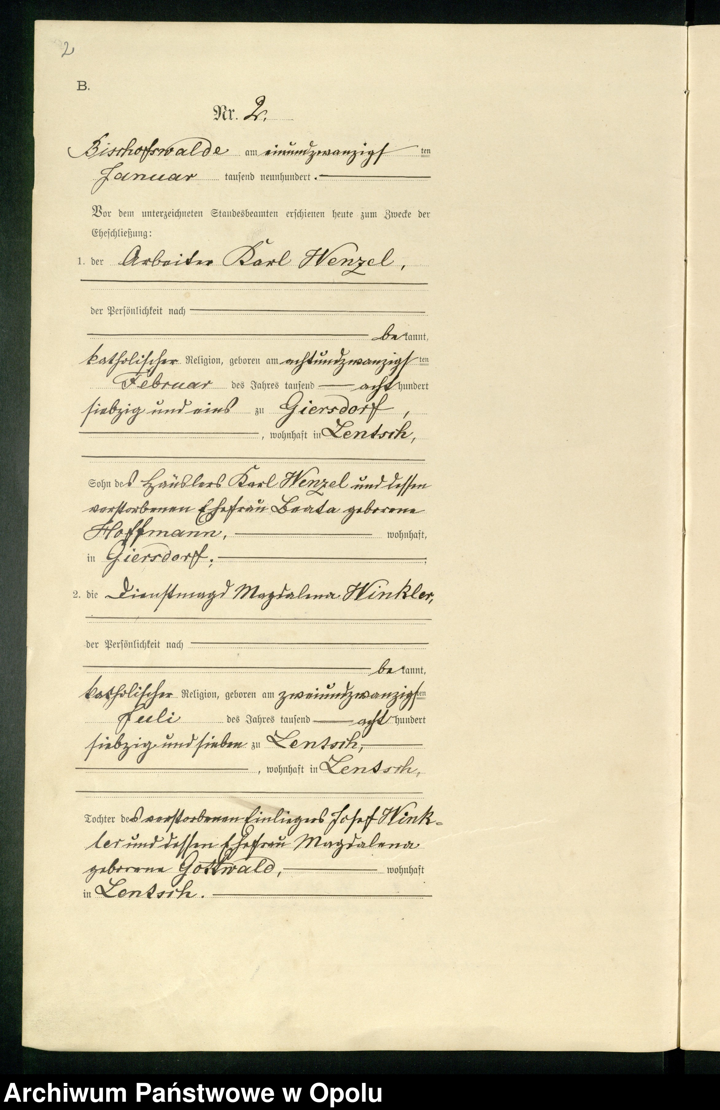 Skan z jednostki: Heiraths-Haupt-Register des Standsamts Bischofswalde pro 1900