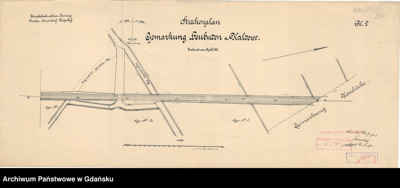 image.from.unit.number "Eisenbahndirektion Danzig. Strecke: Simonsdorf - Tiegenhof. Streckenplan. Gemarkung Heubude und Kaldowo. Zustand vom April 1908. Blatt 2"