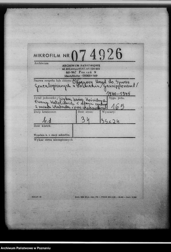 Obraz 2 z jednostki "[Wykaz ksiąg kościelnych ewnagelickich, katolickich i stanu cywilnego z miasta Włocłwaka i powiatu włocławskiego, województwa bydgoskiego]"