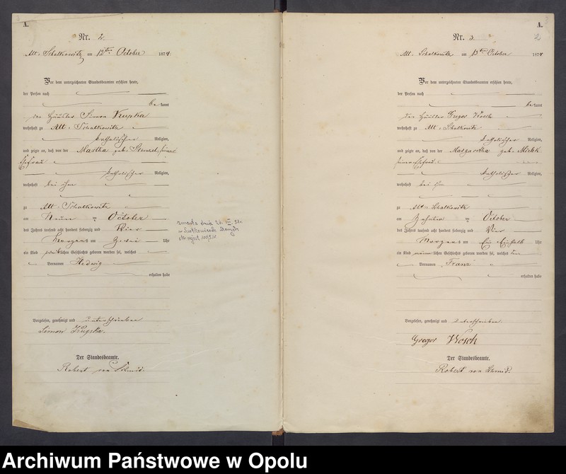 Obraz z jednostki "U.S.C. Siołkowice St.[are] [Księga] aktów urodzeń miejscowa rok 1874"