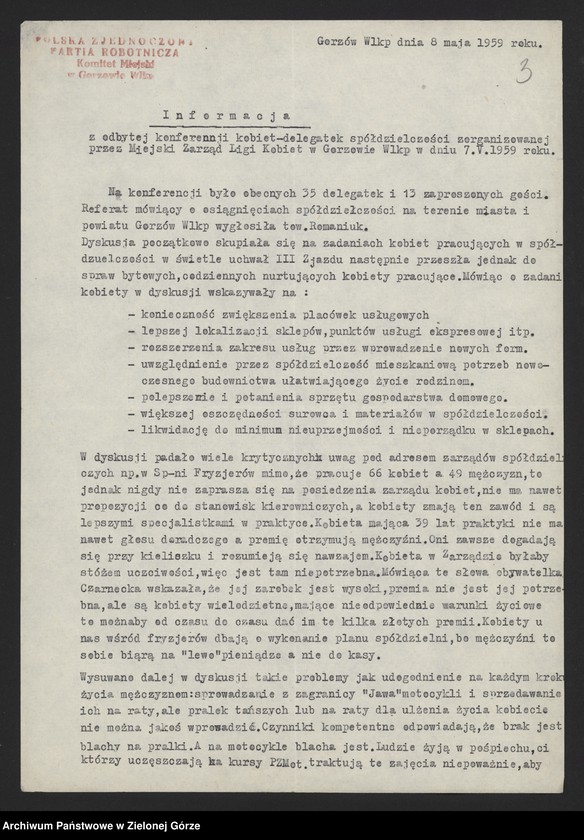 Obraz 5 z jednostki "Liga Kobiet: informacje KW i KP o kampaniach wyborczych w Lidze Kobiet. Informacje KP z konferencji kobiet - delegatek spółdzielczości - 1955, 1959-1960, 1964, 1967"