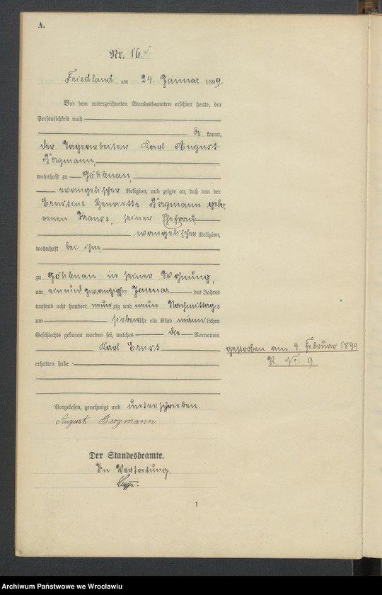 image.from.unit.number "Księga urodzeń USC Mieroszów (Friedland) 1899"