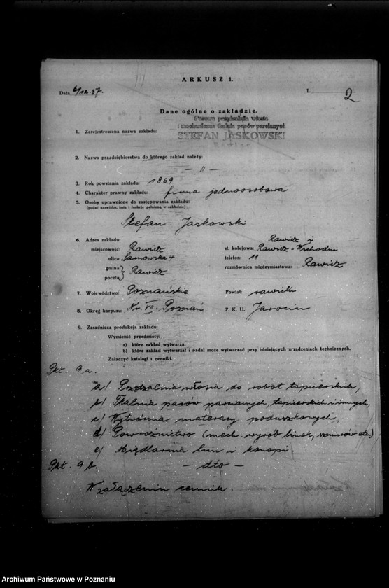 Obraz 5 z jednostki "Kwestionariusz Parowej Przędzalni Włosia i Mechanicznej Tkalni Pasów Parcianych St. Jaskowskiego w Rawiczu"