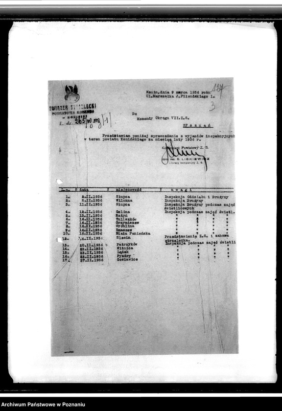 Obraz 8 z jednostki "Komunikaty i korespondencja Komendy Powiatowej Związku Strzeleckiego w Koninie z władzami nadrzędnymi - Komenda Okręgu. Komenda Główna w sprawach organizacyjnych i personalnych"