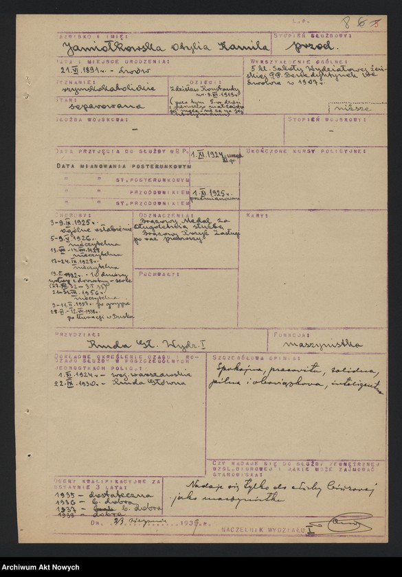 image.from.unit.number "Ewidencja szeregowych Policji Państwowej, zatrudnionych w pracy biurowej w Wydziale I Komendy Głównej Policji Państwowej. Wykazy."