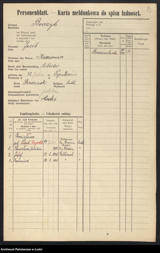 Obraz 15 z jednostki "[Spis ludności Łodzi] Borczuch - Borkowski"