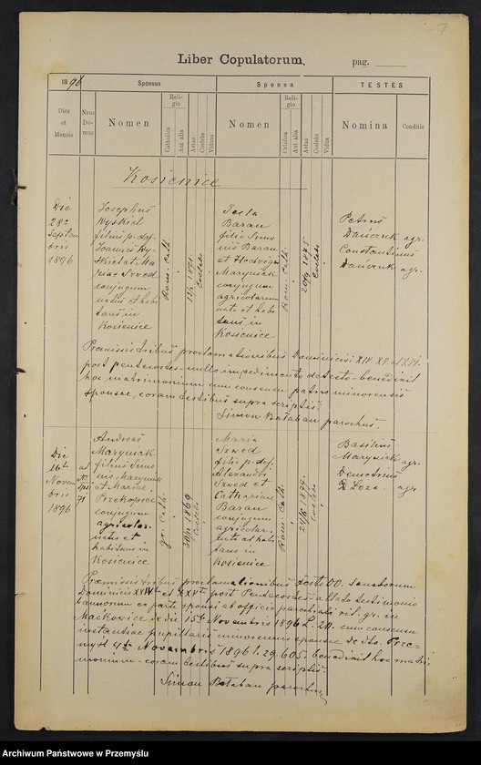 image.from.unit.number "Extractus e libris metricalibus natorum et baptisatorum copulatorum a mortuorum Diocesis Premisliensis decanatus Pruchnicensis parochiae Kosienicensis ex Anno Domini 1896"