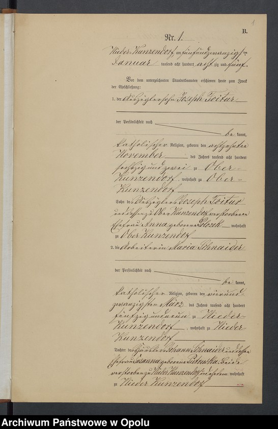 Obraz 5 z jednostki "Heiraths-Neben-Register Standesamts Kunzendorf pro 1885"