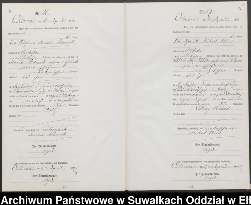 image.from.unit.number "Geburts-Neben-Register des Preussischen Standes-Amtes Orlowen Kreis Loetzen für das Jahr 1892"