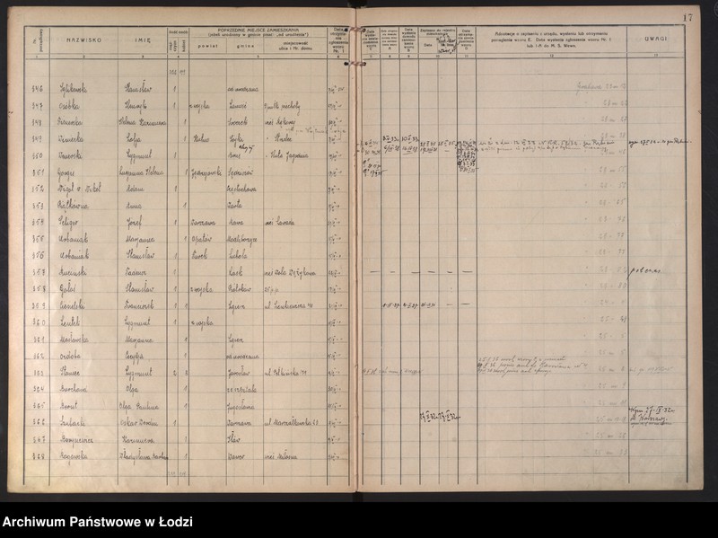 Obraz 20 z jednostki "Księga kontroli ruchu ludności (rejestr osób przybywających do gminy) Łódź, zameldowania pozaankietowe, komisariat XI, nr 1-1263"