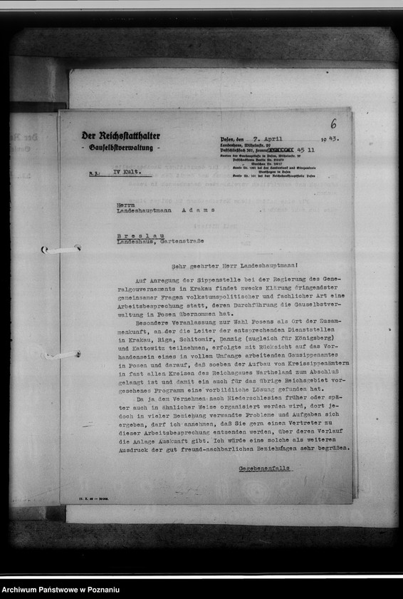 Obraz 10 z jednostki "Tagesordnung zur Arbeitsbesprechung der Sippenamtsleiter aus den Ortsgebieten in Posen [Poznań] [oraz korespondencja]"