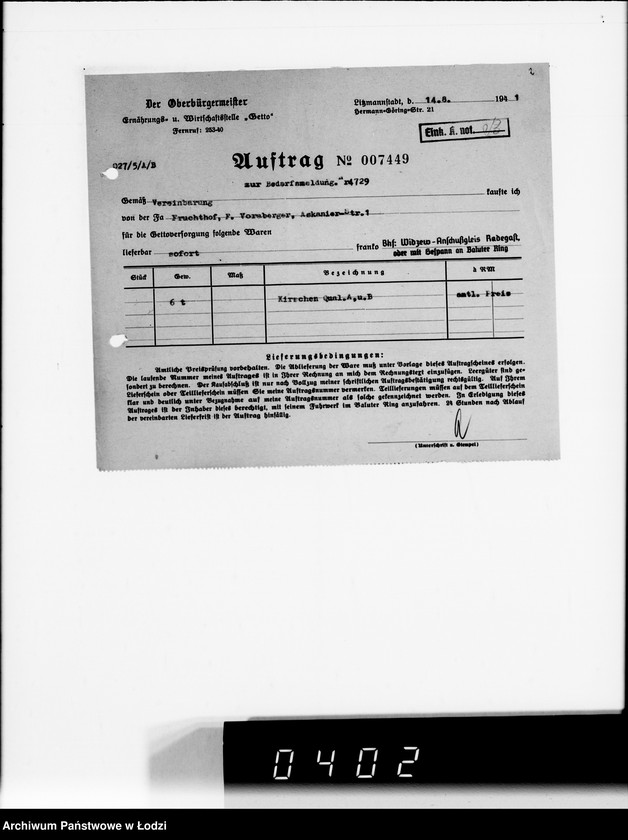 Obraz 6 z jednostki "[Upoważnienia do odbioru produktów żywnościowych i innych materiałów dostarczanych dla Getta] Auftragskopien"