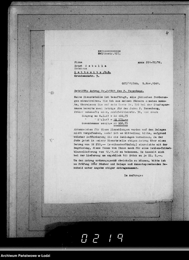 Obraz 8 z jednostki "J 1801-1820 [Wnioski Żydów z Getta o zwrot należności za towar wzięty na kredyt]"