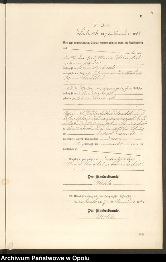 image.from.unit.number "Sterbe-Register (Neben-Register) Standesamt Leubusch 1909"