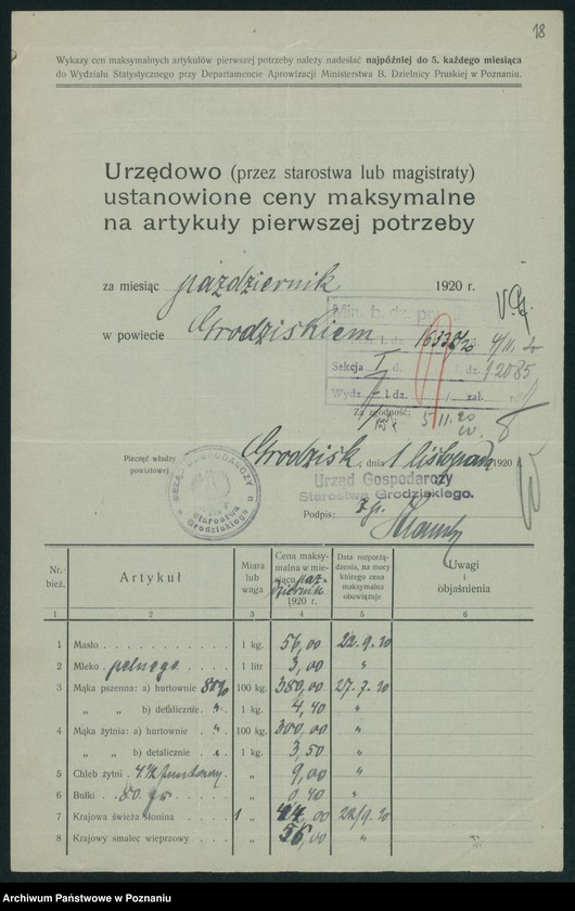 Obraz 20 z jednostki "[Wykazy urzędowo ustanowionych cen maksymalnych na artykuły pierwszej potrzeby na terenie Województwa Poznańskiego za miesiąc październik 1920 roku]"