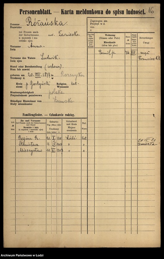 Obraz 18 z jednostki "[Spis ludności Łodzi] Rożana-Różyński"
