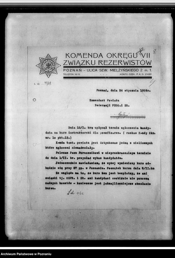 Obraz 12 z jednostki "Korespondencja federacji w sprawach personalno-organizacyjnych dotycząca zgłoszeń na kurs, rozliczenia z imprez, programów odpraw, regulaminów komisji finansowo-gospodarczej, spisy zaproszeń kombatantów na imprezy"