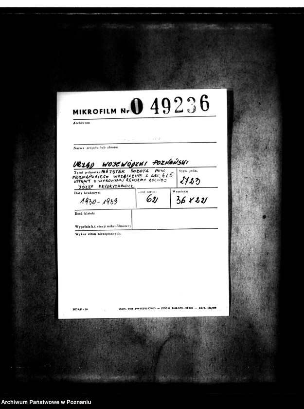 Obraz 2 z jednostki "Majątek Sobota powiatu poznańskiego wyłączenie z art. 4 i 5 ustawy o wykonaniu reformy rolnej Józef Frydrychowicz"