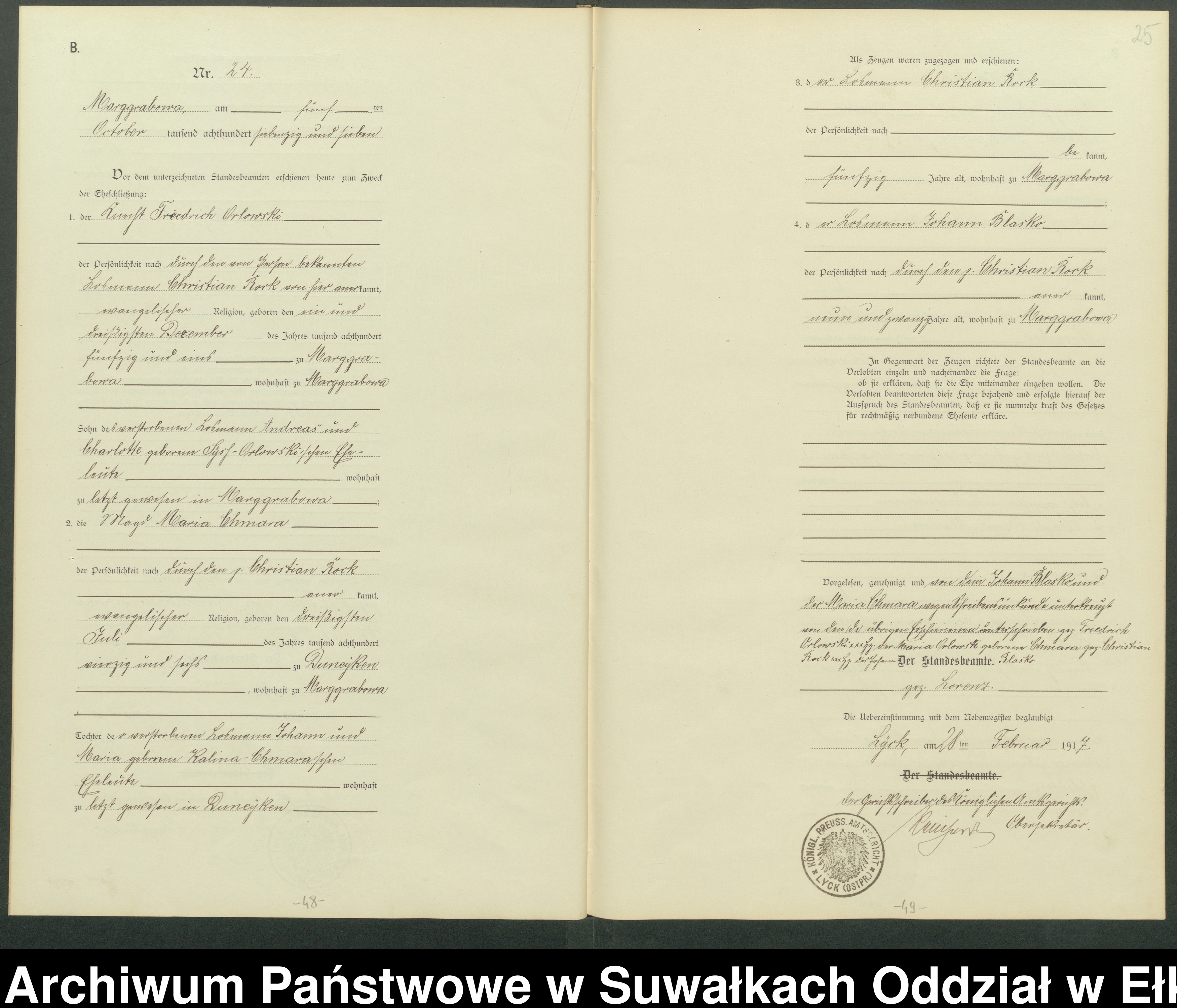 Skan z jednostki: Heiraths-Haupt-Register des Standesamtes Stadtgemeinde Marggrabowa Kreis Oletzko