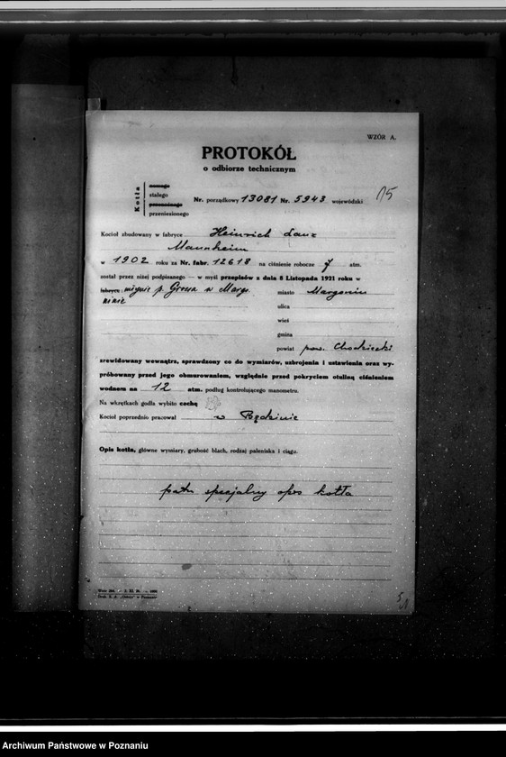 Obraz 19 z jednostki "Młyn parowy J. Grossa w Margoninie pow. Chodzieski /nadzór nad kotłem parowym nr fabr. 12618, woj. 5943/"