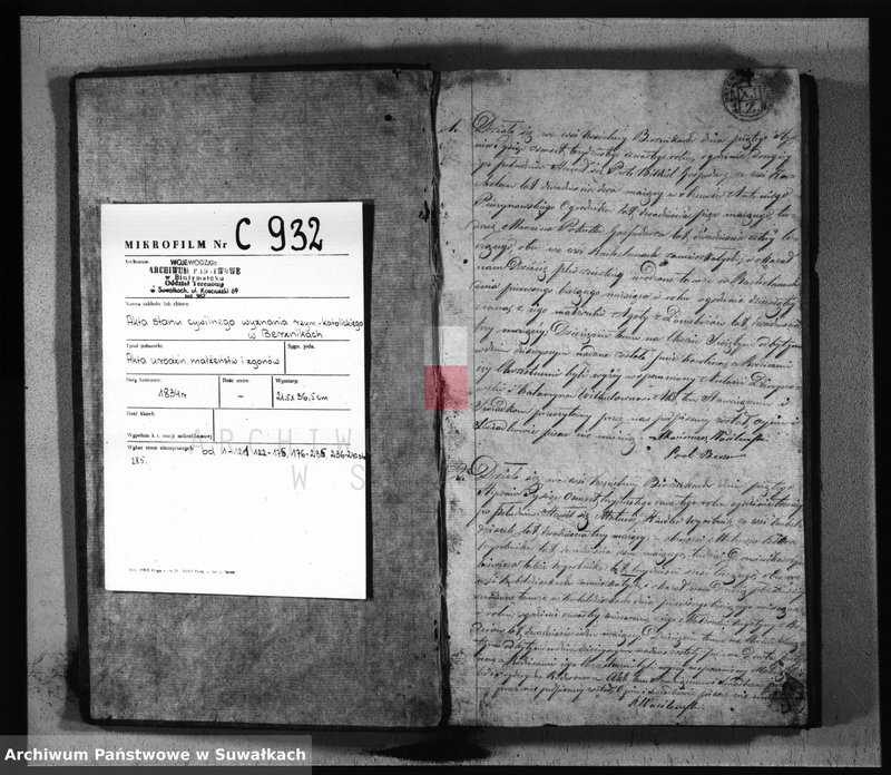image.from.unit.number "Duplikat Aktów Urodzonych, Zaślubionych i Zmarłych Parafij Berznickiey z Roku 1834"