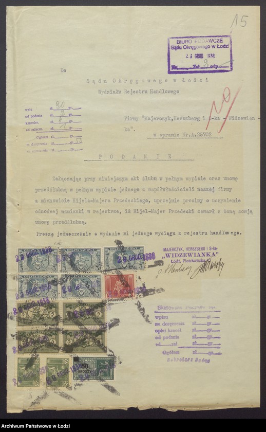 Obraz 17 z jednostki "Widzewianka- Judka Majerczyk, Aron Herszberg, Hijel Majer Przedecki- sprzedaż wyrobów i innych towarów Widzewskiej Manufaktury Sp. Akc."