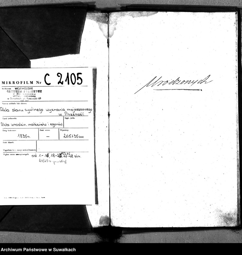 image.from.unit.number "Duplikatu Ksiąg Aktów Urodzonych, Umarłych i Zaślubionych Okręgu Przerośl na Rok 1835."