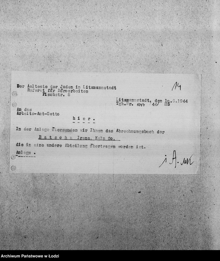 Obraz 17 z jednostki "[Korespondencja z Wydziałem Pracy i z PSŻ w sprawach personalnych i aprowizacyjnych Referatu Prac Biurowych]"