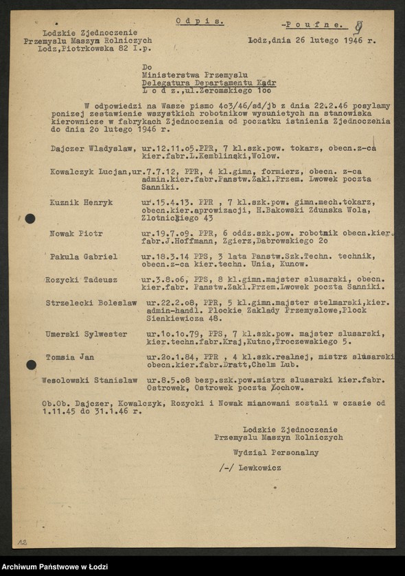 Obraz 11 z jednostki "Wykazy robotników członków partii wysuniętych na stanowiska [kierownicze]"