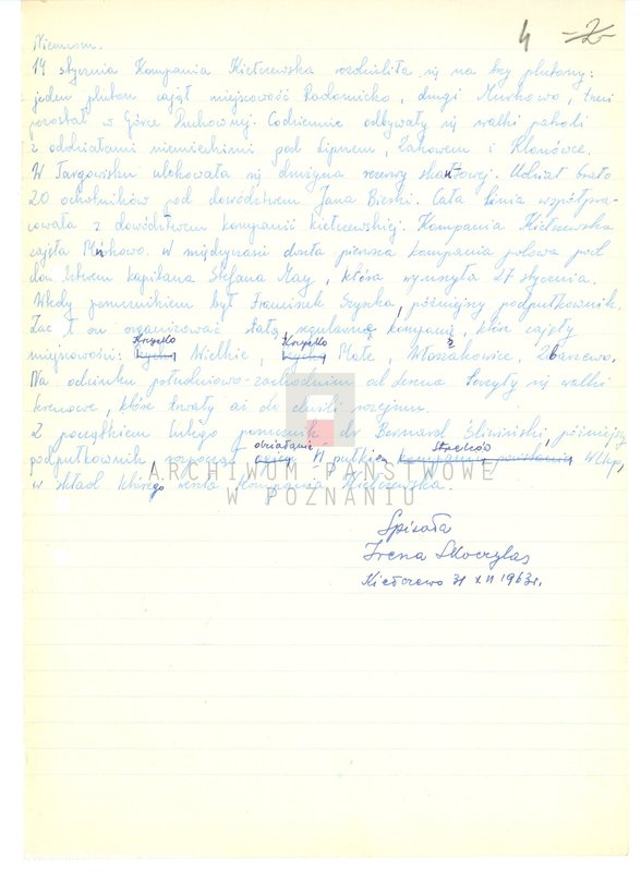 Obraz 12 z jednostki "Relacje i wspomnienia dotyczące powstania wielkopolskiego: 1. Kiełczewo, powiat Kościan, województwo poznańskie, 2. Kłecko, powiat Gniezno, województwo poznańskie, 3. Kościan, powiat Kościan, województwo poznańskie, 4. Kobylin, powiat Krotoszyn, województwo poznańskie, 5. Kowalewo, powiat Pleszew, województwo poznańskie, 6. Koźmin, powiat Turek, województwo poznańskie. Zdjęcia: s.64 - fotografia autora relacji."