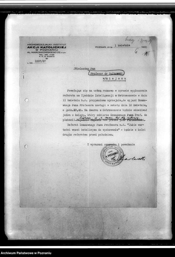 Obraz 10 z jednostki "Korespondencja dotycząca działalności Parafialnych Akcji Katolickich oraz organizacji kursów i zjazdów powiatowych inteligencji"