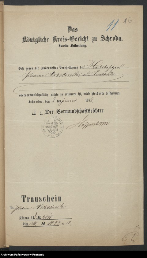Obraz 18 z jednostki "Die von den Verlobten beigebrachten Urkunden zur Eheschliessung pro 1878"