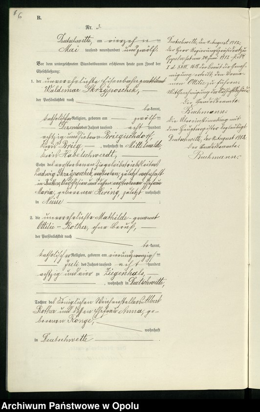 Obraz 10 z jednostki "Heirats-Register (Neben-Register) Standesamt Deutschwette 1912"