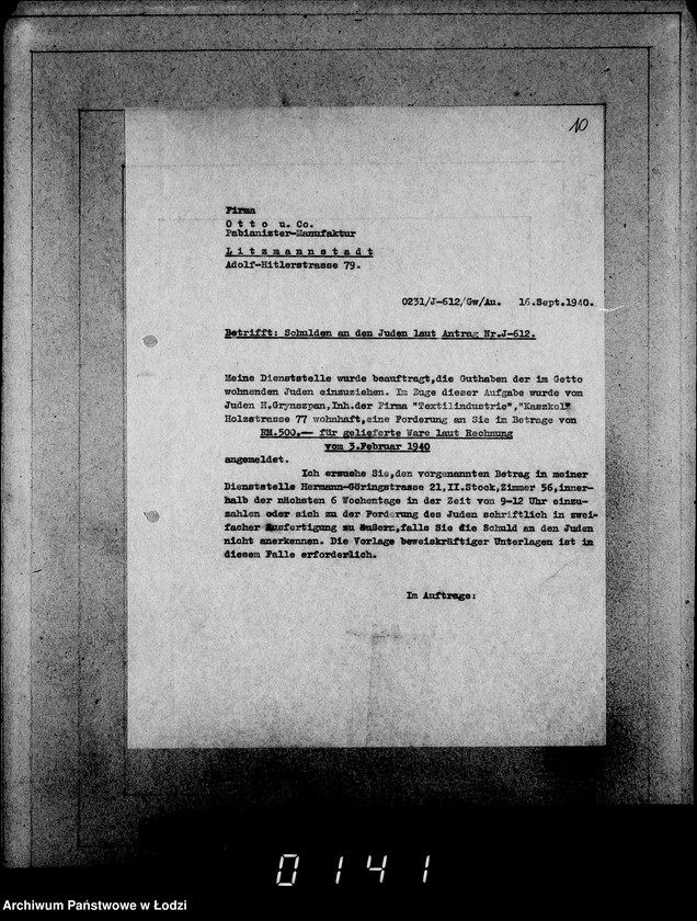 Obraz 14 z jednostki "J[uden] 611-625 [Wnioski Żydów z Getta o zwrot należności za pracę lub towar wzięty na kredyt]"