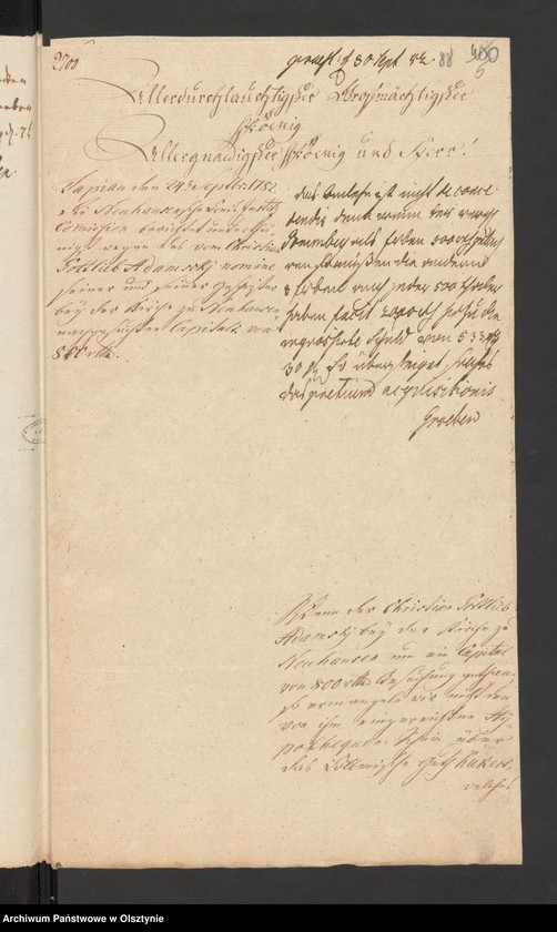 image.from.unit.number "In S. [Sachen] Christian Gottlieb Adamski Cöllmischen Eigenthümers in Kuckers, wegen nagesuchten Anlehes von 800 Rthl [Reichsthaler] aus der Neuhausenschen Kirchen-Caße"