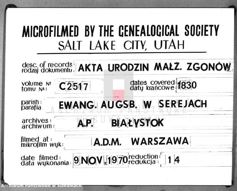 image.from.unit.number "Księga Duplicat Aktów Urodzonych, Zeszłych i Zaślubionych Proboszcza i Urzędnika Stanu Cywilnego Parafii Ewangelickiey Sereyskiey na Rok 1830 Sporządzona"