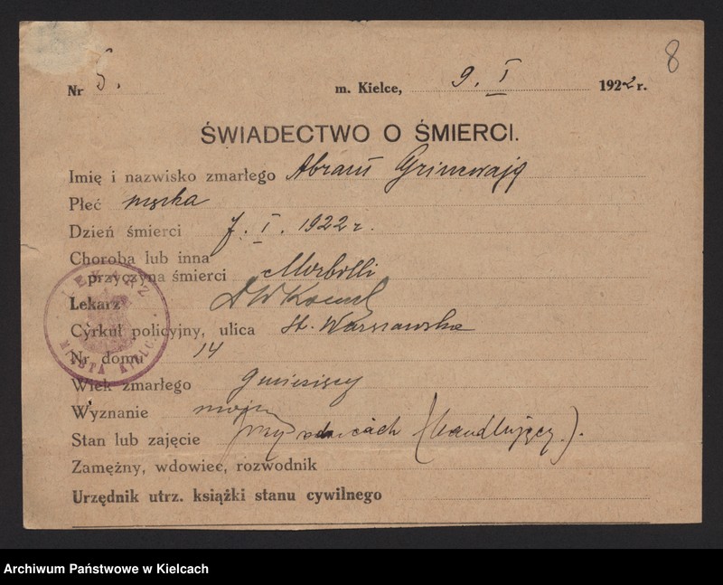 image.from.unit.number "Załączniki do akt zgonu Okręgu Bożniczego Kielce za rok 1922"