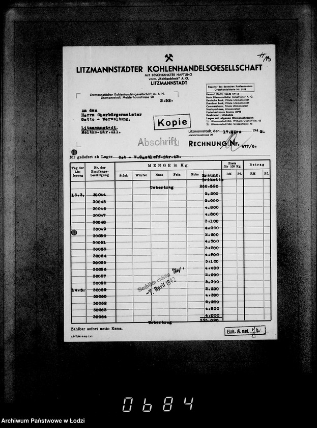 Obraz 17 z jednostki "Aufträge [Lieferscheinen und Rechnungen] 13371-13415. [Dostawa produktów do Getta]"