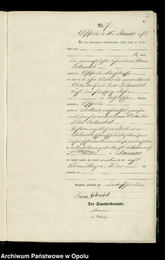 Obraz 10 z jednostki "Urząd Stanu Cywilnego w Opolu 1878 Rejestr zgonów Księga Miejscowa Nr 1 do 376"