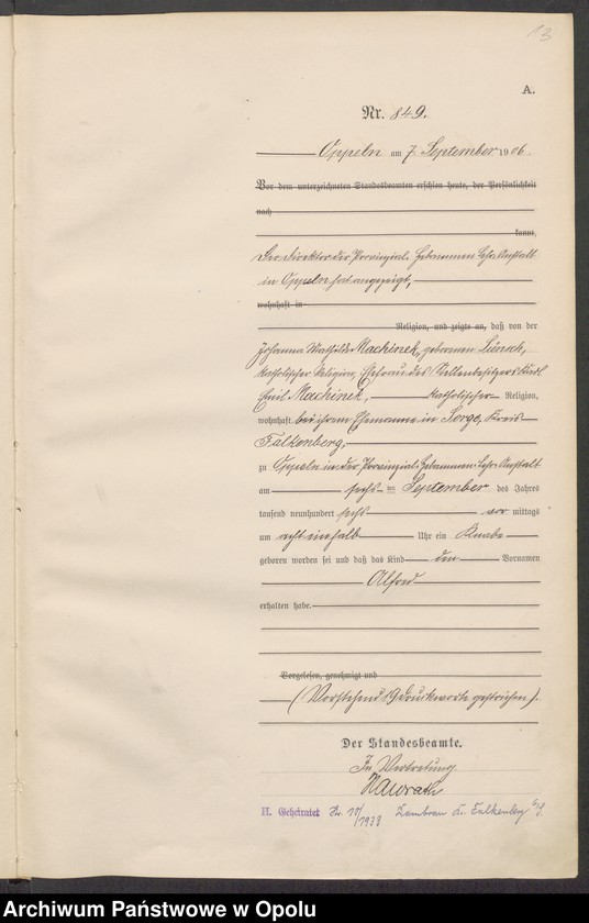 Obraz 17 z jednostki "Urząd Stanu Cywilnego w Opolu 1906 Rejestr Urodzeń miejscowa Nr 838 do 1264"