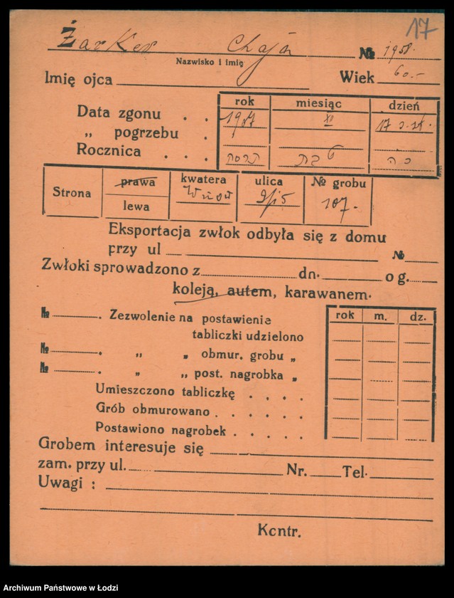 Obraz 18 z jednostki "Kartoteka osób pochowanych na cmentarzu żydowskim przy ulicy Brackiej w latach 1892-1956. Nazwiska na literę Ż"