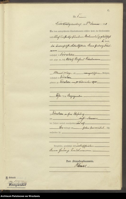 image.from.unit.number "Sterbe-Haupt-Register Nieder Wüstegiersdorf (Głuszyca) 1911"