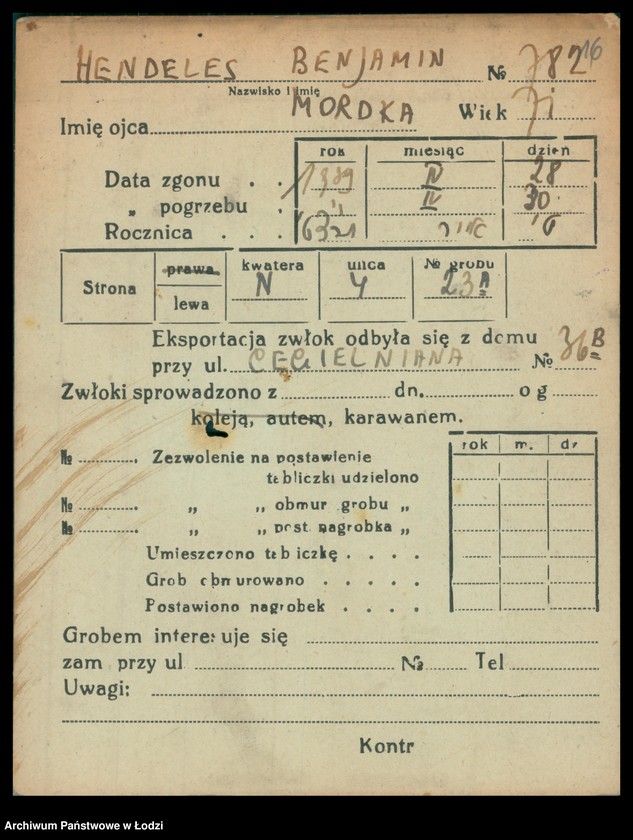 Obraz 17 z jednostki "Kartoteka osób pochowanych na cmentarzu żydowskim przy ulicy Brackiej w latach 1892-1955. Nazwiska na litery: Helmi-Hey"