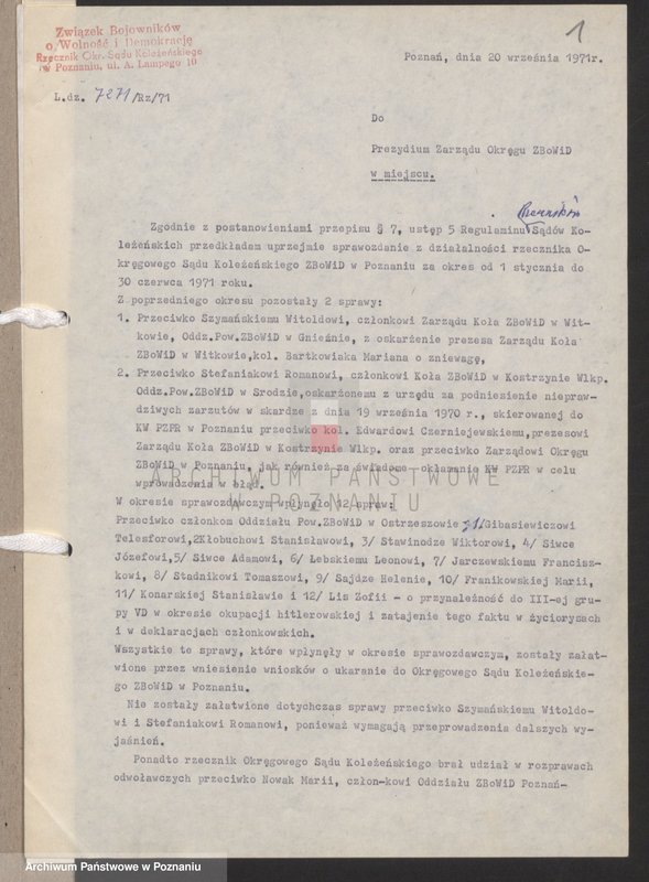 Obraz 6 z jednostki "Sprawozdanie z działalności Rzecznika Okręgowego Sądu Koleżeńskiego za okres od 1.l. - 30.Vl.1971 roku - 1973 roku"